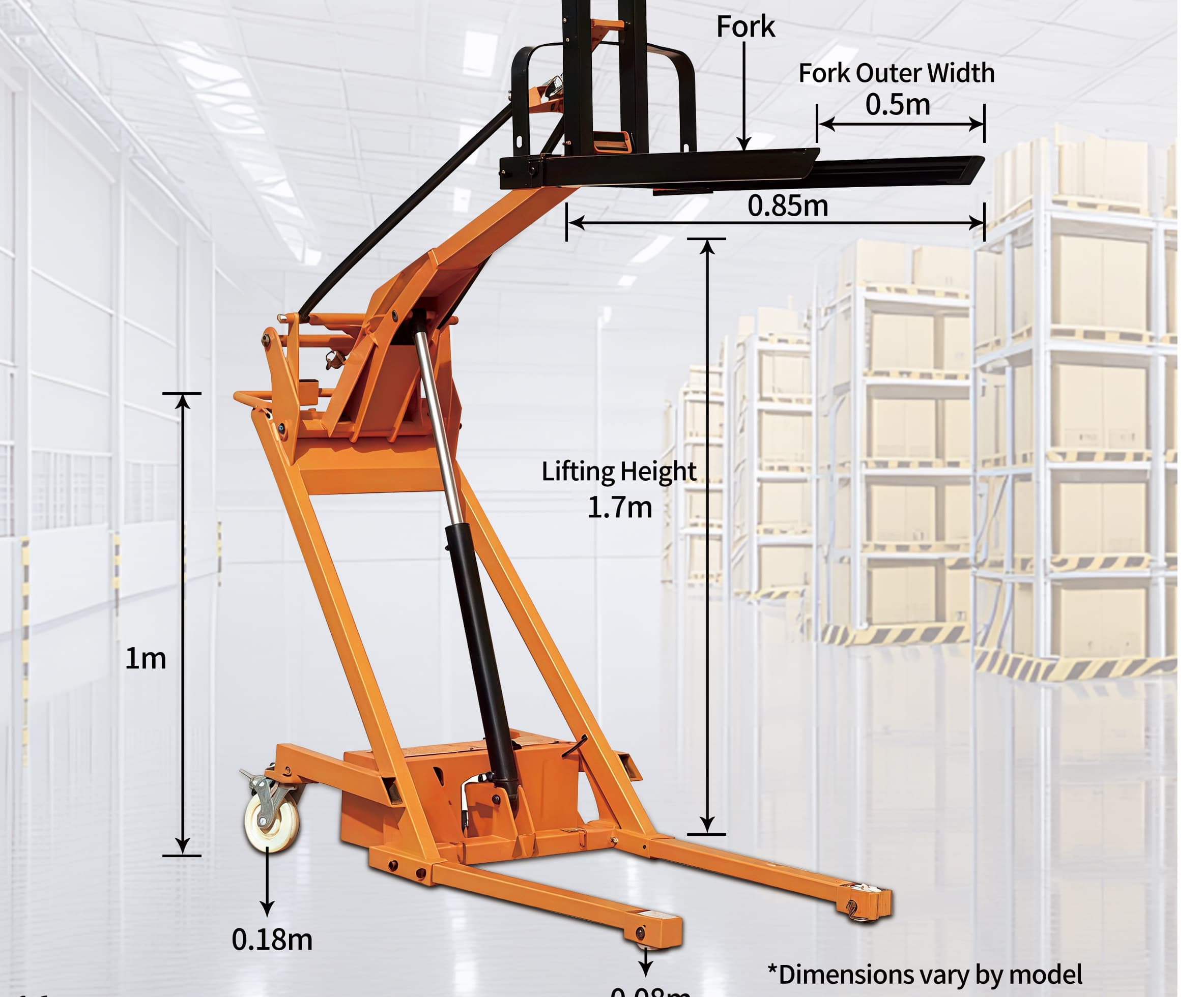 Kenods curved arm portable forklift with dimension callouts from the official catalogue