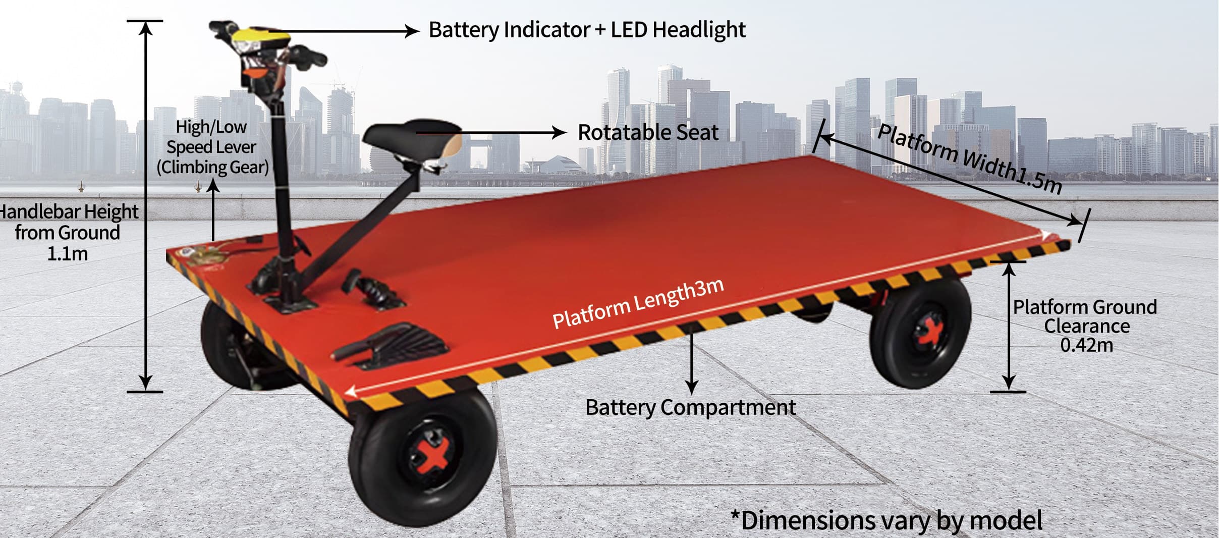 Kenods 1.5 m by 3 m electric flatbed car with dimension callouts from the official catalogue