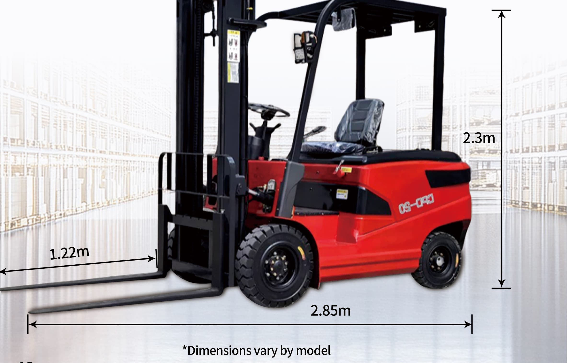 Kenods 3.5 t electric forklift with dimension callouts from the official catalogue