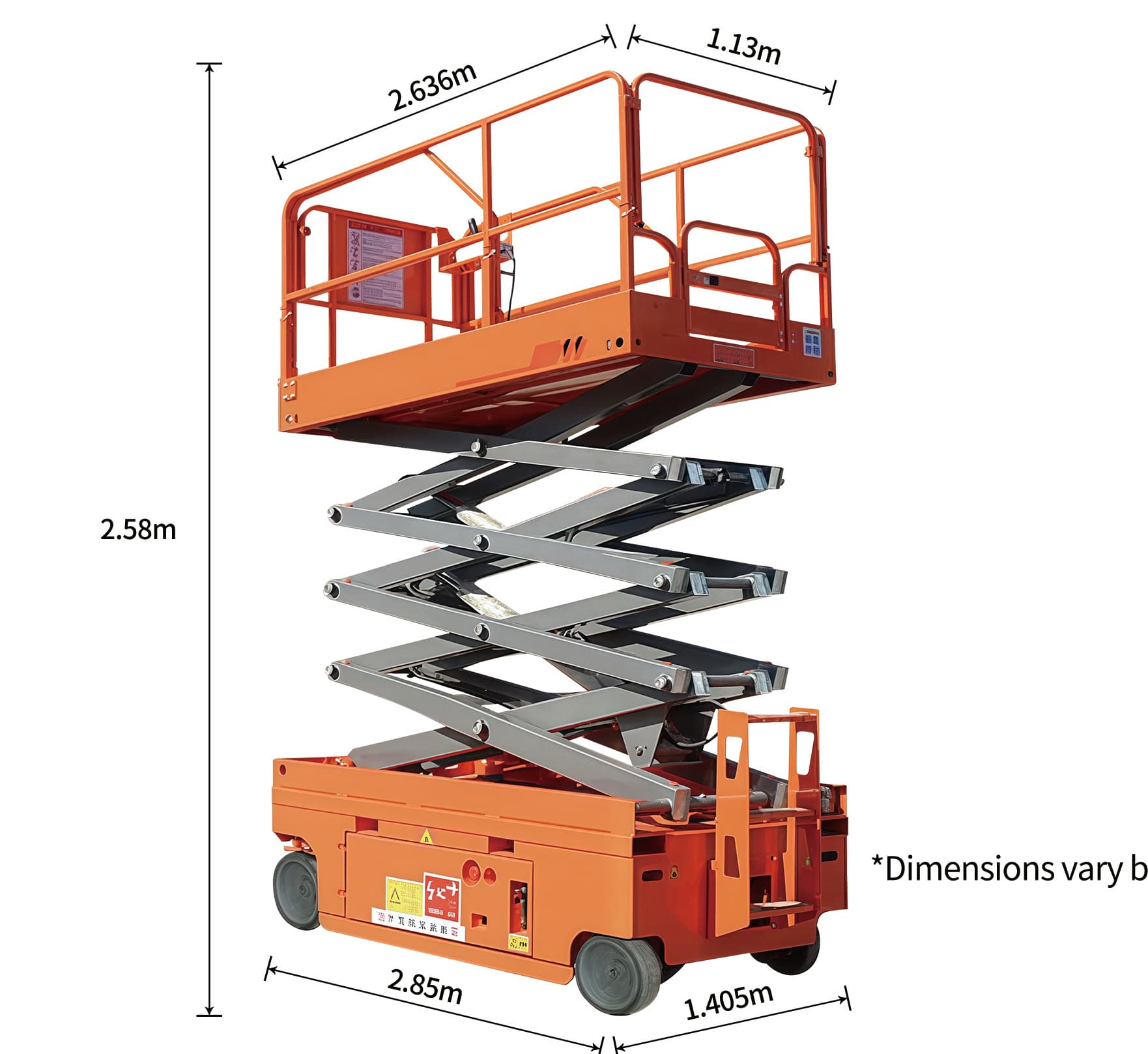 Kenods 14 m electric lifting platform with dimension callouts from the official catalogue
